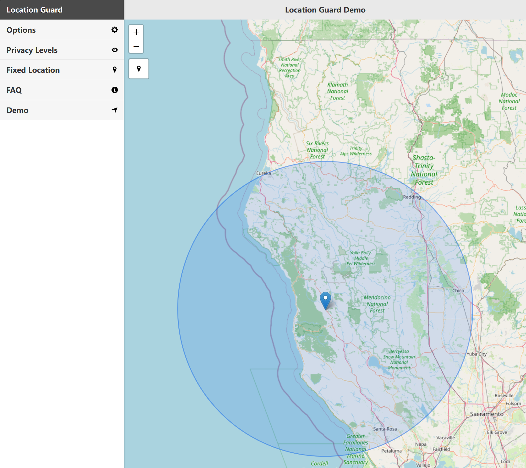 Location Guard browser extension popup showing location privacy protection with noise-based coordinate masking