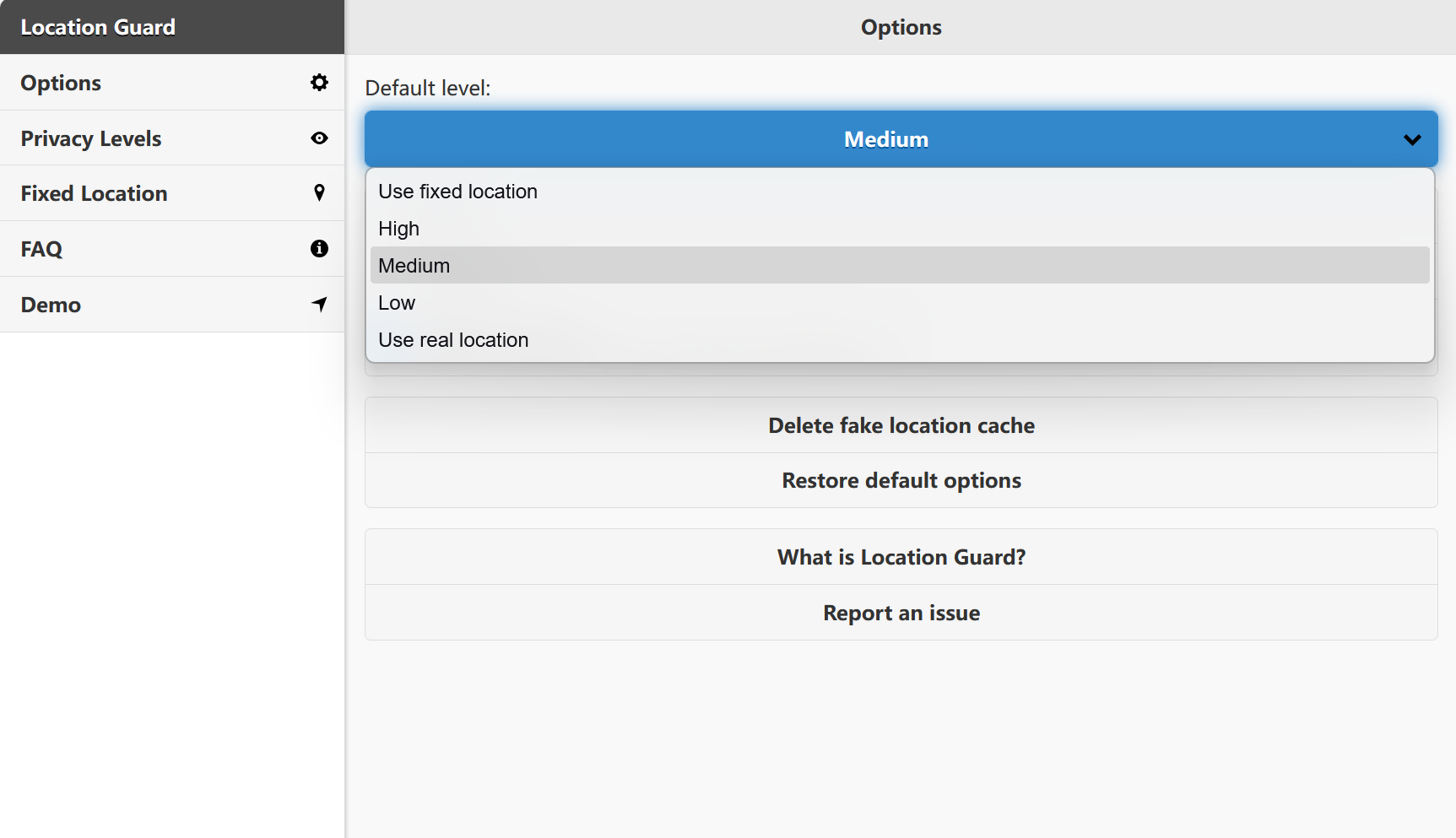 Location Guard per-site configuration panel showing domain-level privacy settings
